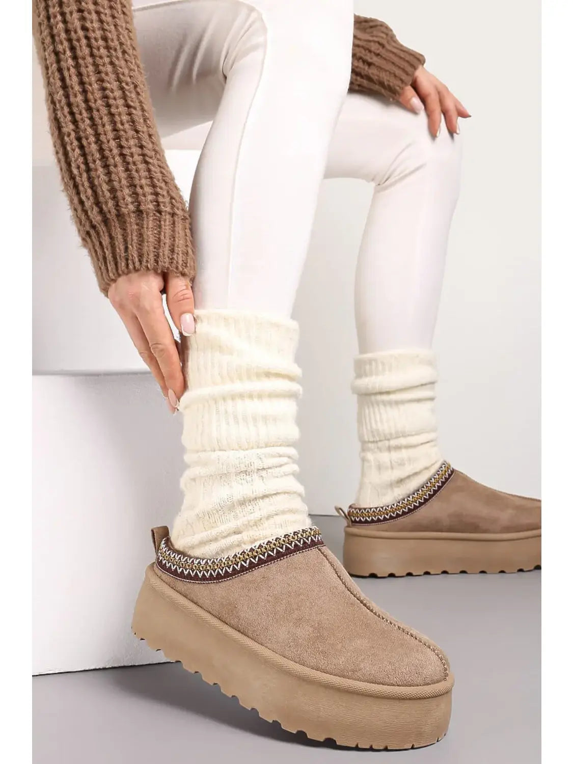 Camel Fluffy Platform Slippers