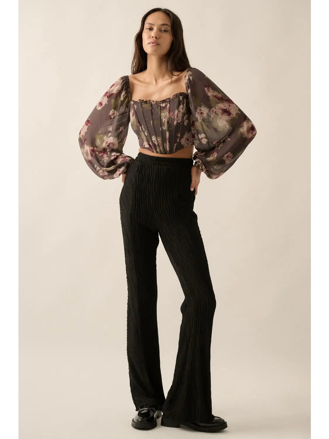 Floral Corset-Bodice Woven Crop Top