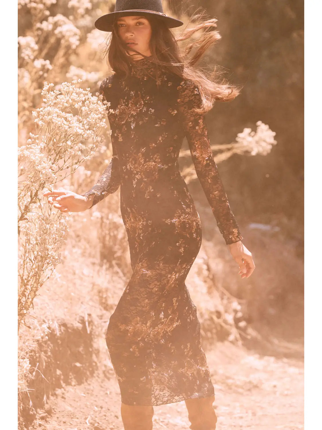 Floral-Print Lace Mock-Neck Long-Sleeve Midi Dress