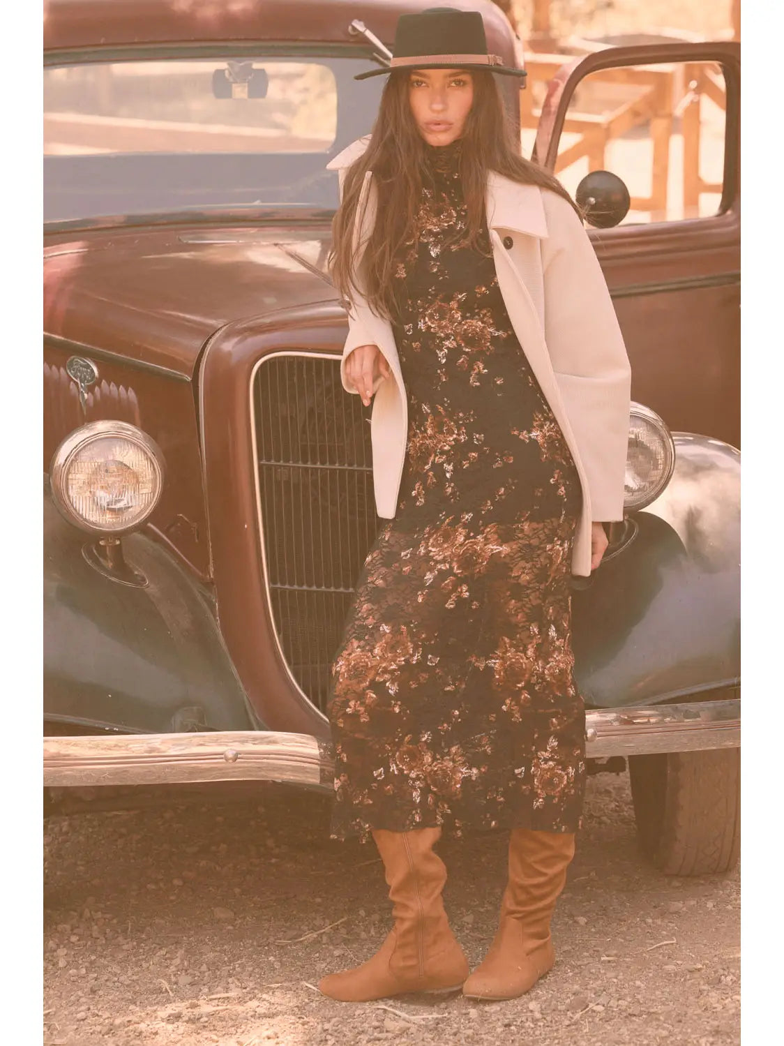 Floral-Print Lace Mock-Neck Long-Sleeve Midi Dress