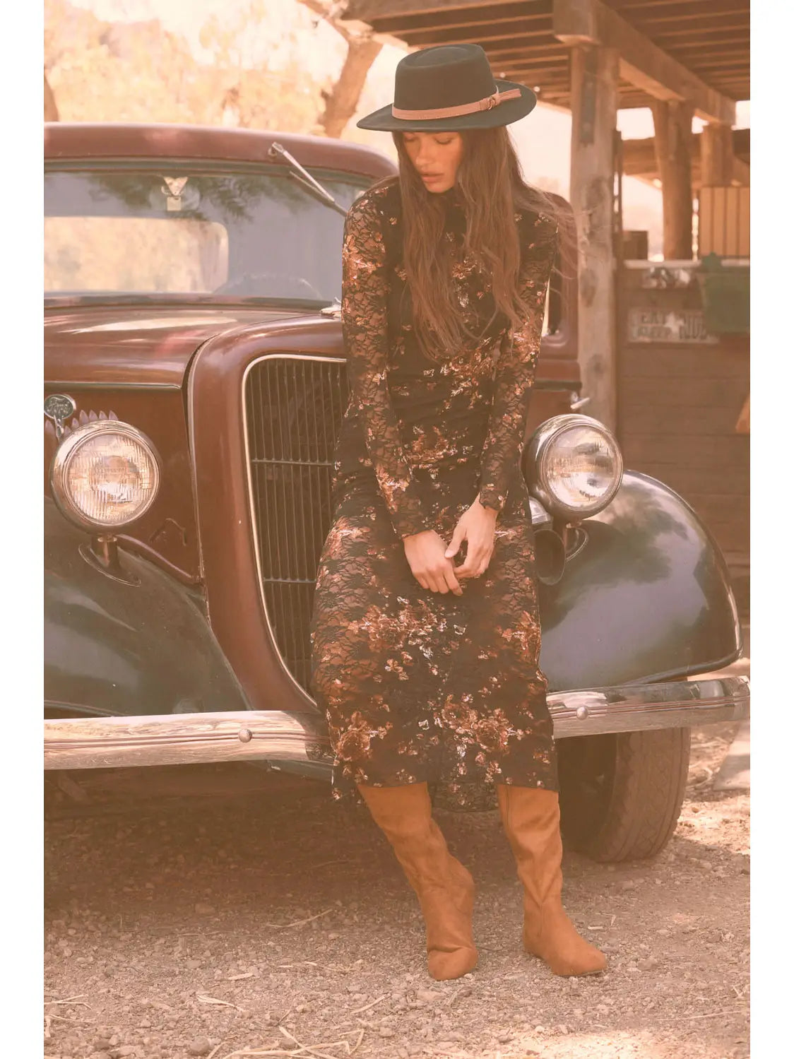 Floral-Print Lace Mock-Neck Long-Sleeve Midi Dress