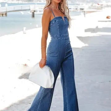 Tight-Fit Denim Overall Jumpsuit with Spaghetti Straps