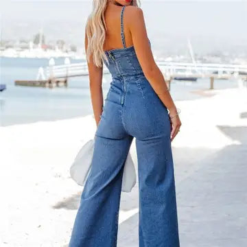 Tight-Fit Denim Overall Jumpsuit with Spaghetti Straps