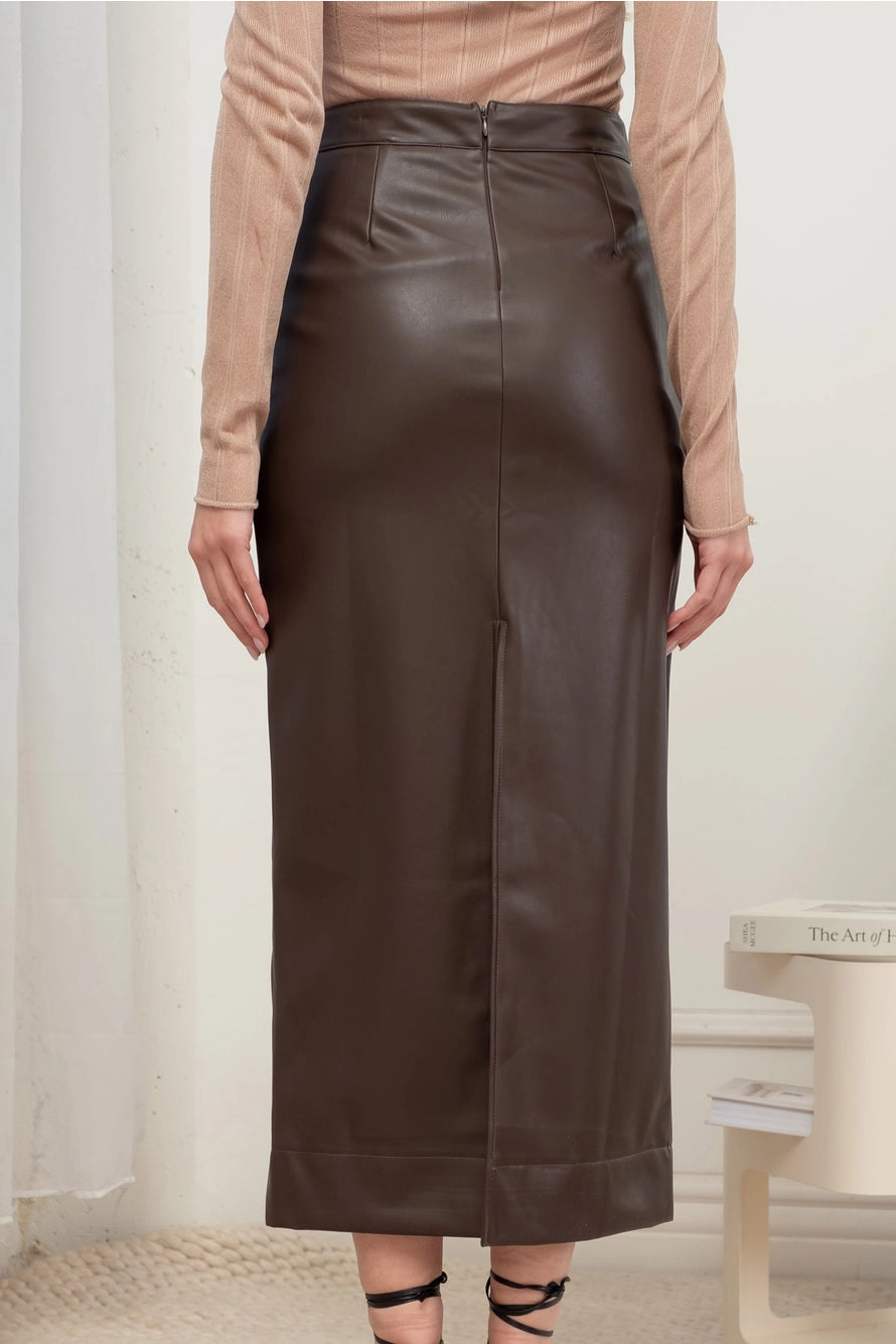 Faux Leather Back Slit Midi Skirt- Brown