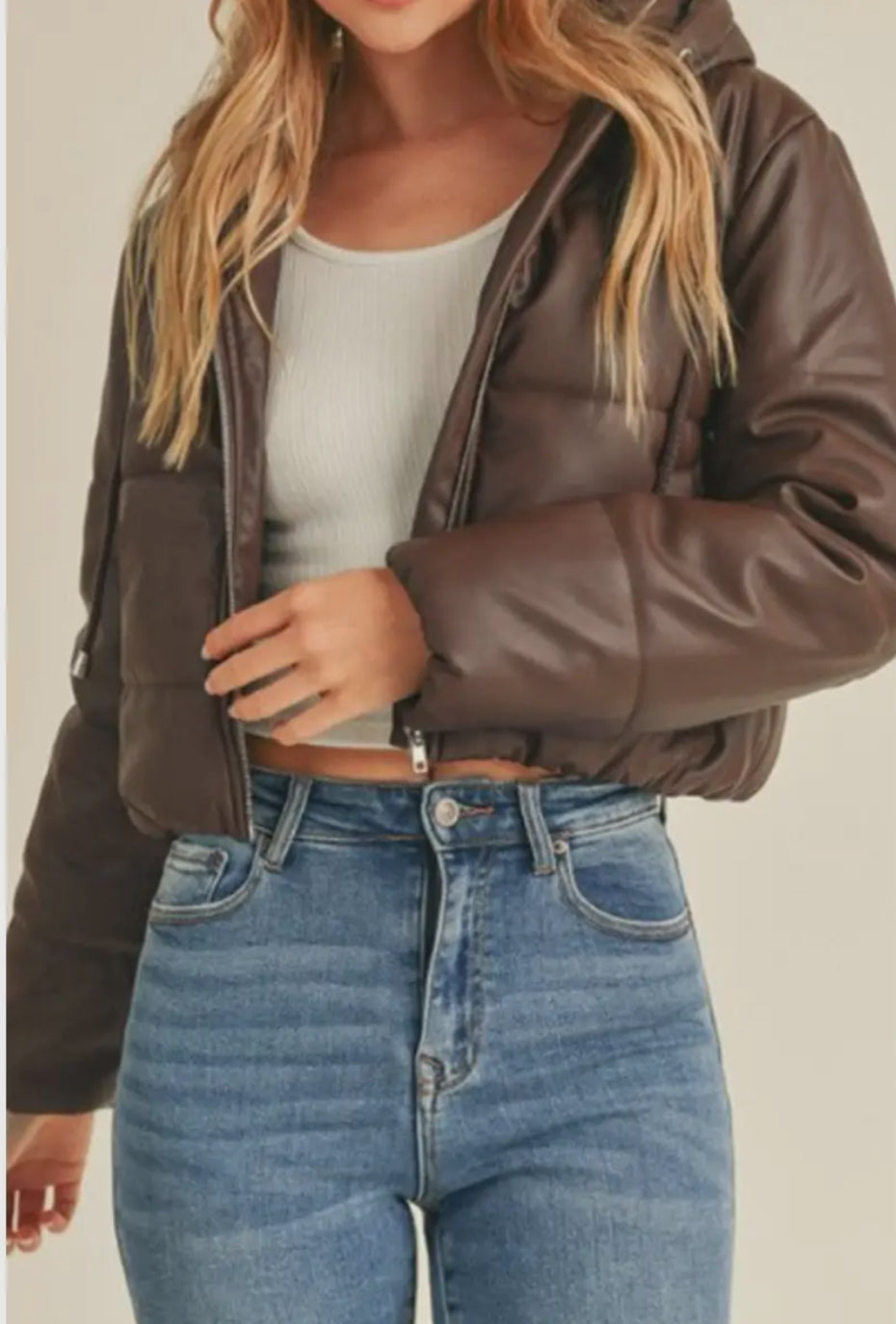 Hooded Faux Leather Cropped Puffer Jacket