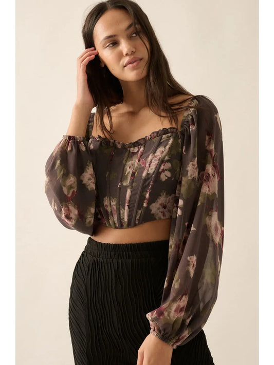 Floral Corset-Bodice Woven Crop Top