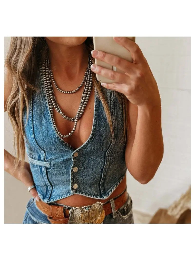 Sleeveless V-Neck Denim Vest in Solid Color