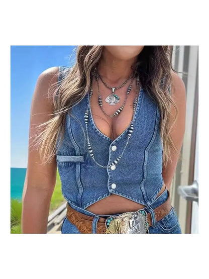 Sleeveless V-Neck Denim Vest in Solid Color