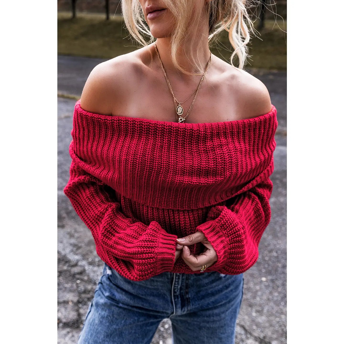 Christmas Red Off the Shoulder Knit Sweater